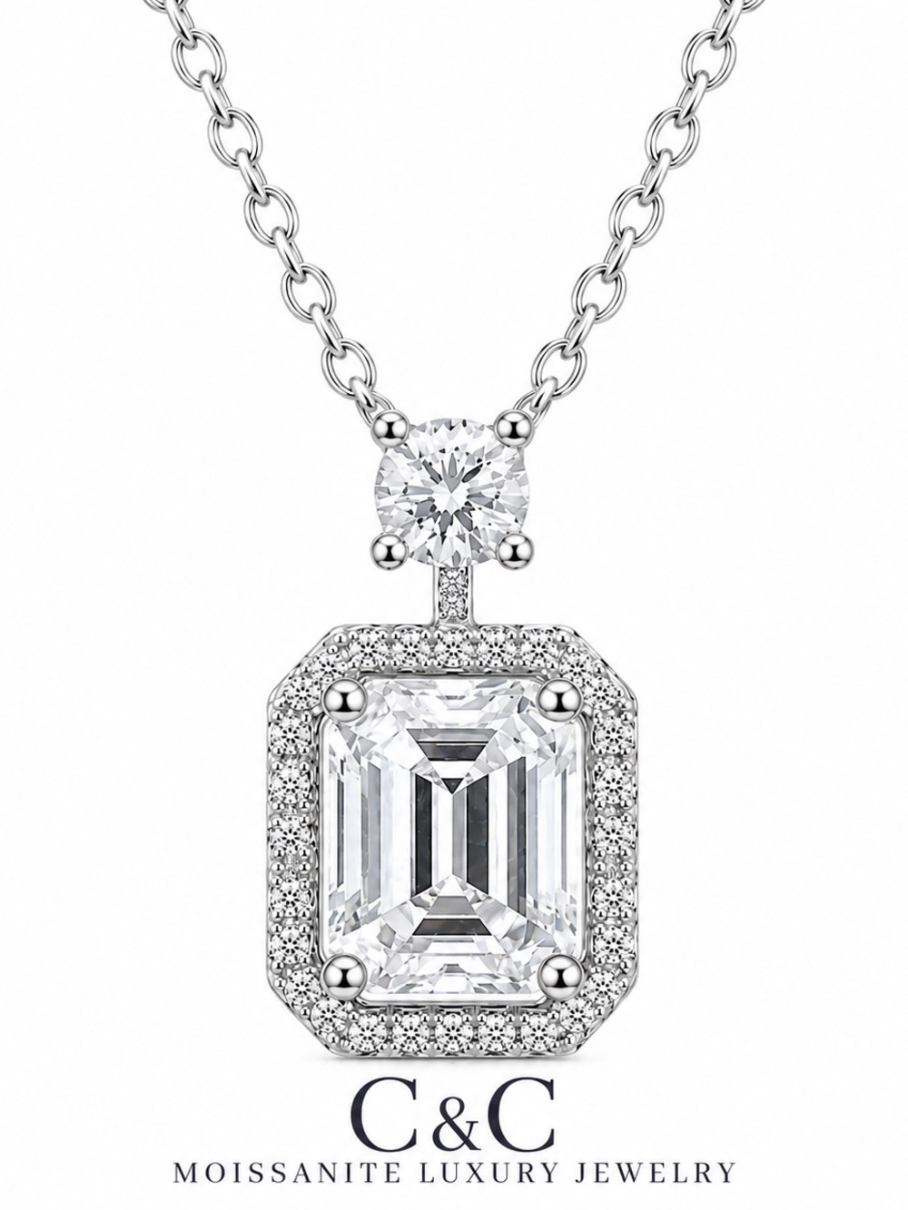 C.C Silver Emerald-Cut Halo Moissanite Pendant Necklace - White